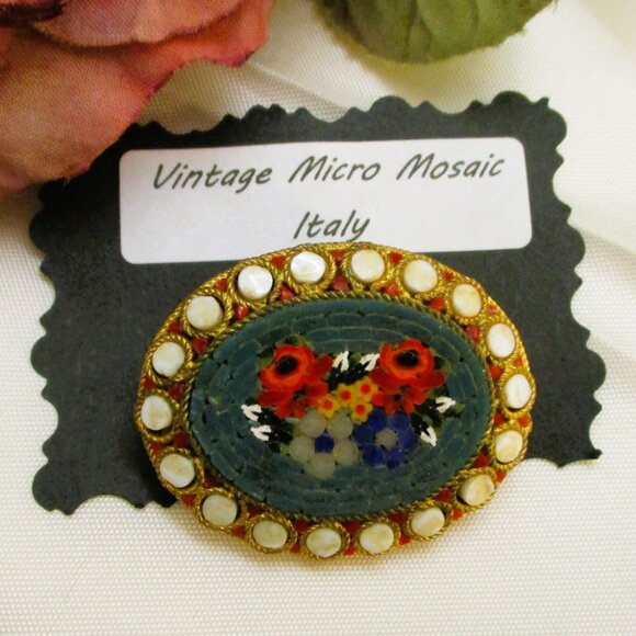 VINTAGE Italian Micromosaic Brooch: Floral Tesserae Tile Micro Mosaic Pin - Picture 3 of 14